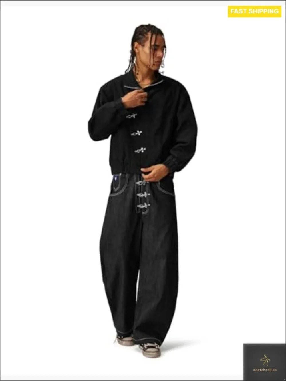 Mens Boxy Jacket Vintage Slant Placket Button Coat Streetwear Y2K Cotton